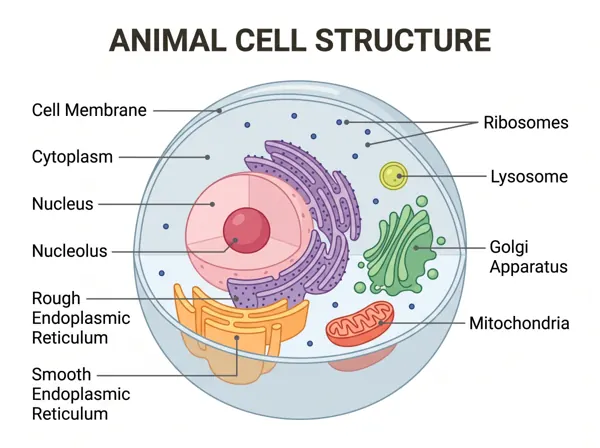 Labeled cross-section of an animal cell with nucleus, mitochondria, Golgi apparatus and more