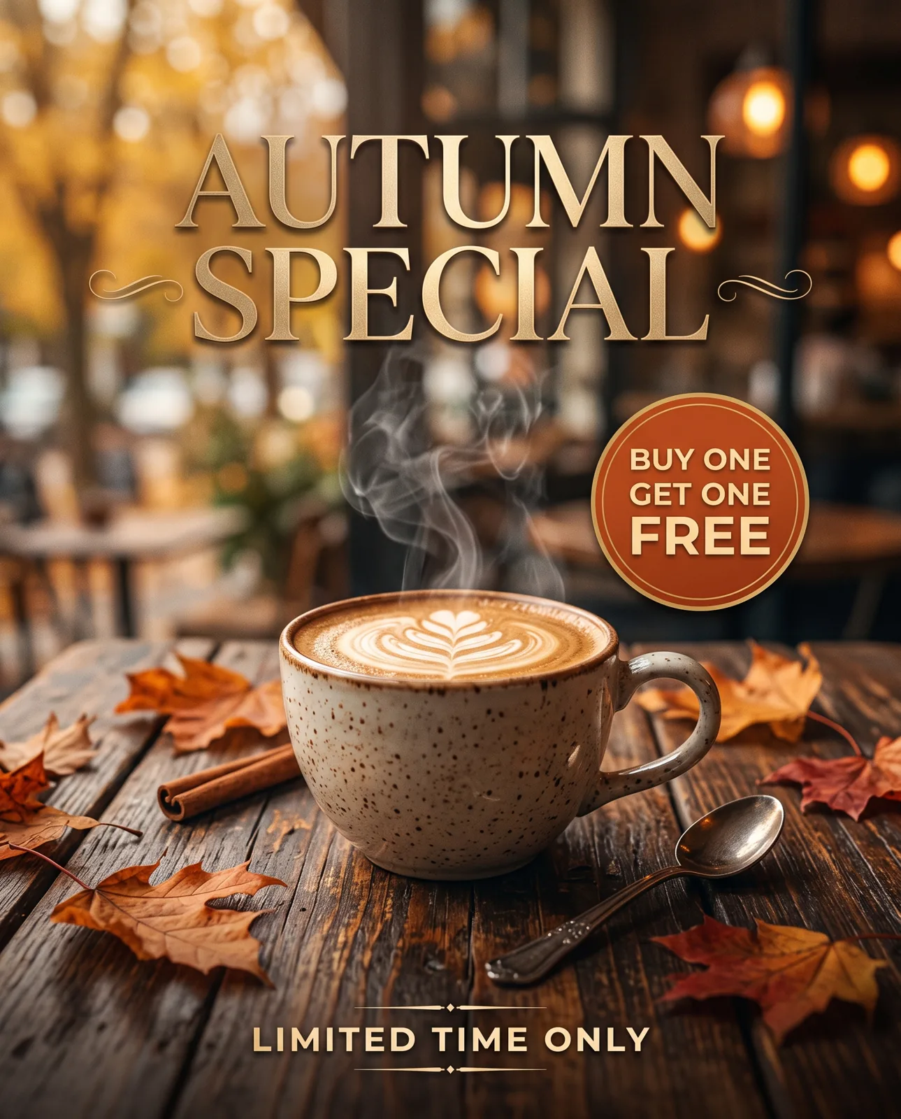 Coffee shop poster with a cappuccino, gold "Autumn Special" headline, "Buy One Get One Free" badge and "Limited Time Only" footer