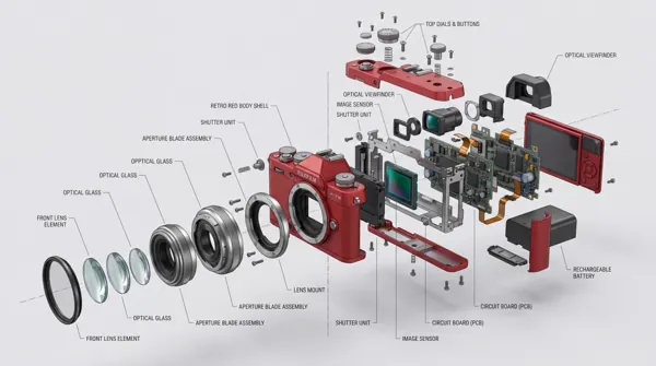 Exploded technical view of a red mirrorless camera with labeled parts