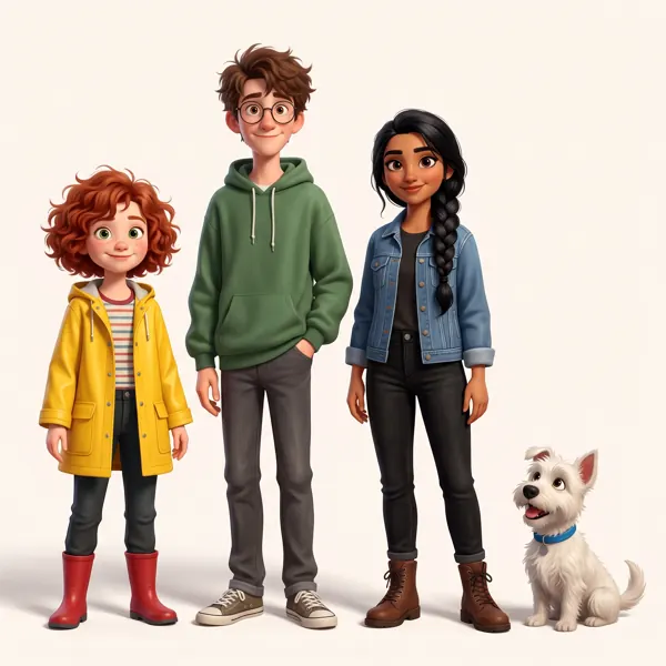 Cartoon lineup of four friends and a white terrier: Mia in a yellow raincoat, Leo in a green hoodie, Sana with a black braid, Otto the dog