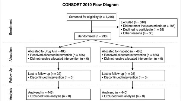 CONSORT-style flow diagram from 1,240 screened patients to two analyzed arms