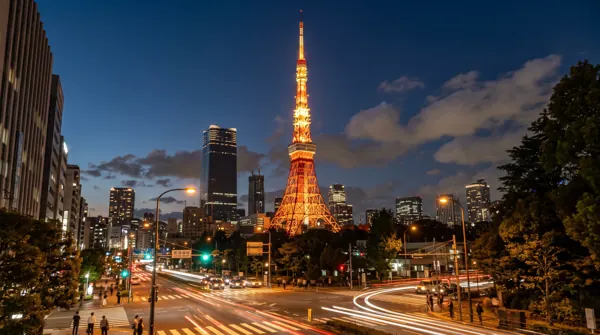Tokyo Tower lit up at night, generated only from the coordinates 35.6586° N, 139.7454° E at 19:00