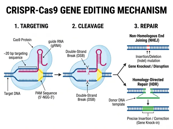 Step-by-step schematic of CRISPR-Cas9 targeting, cleavage and NHEJ or HDR repair