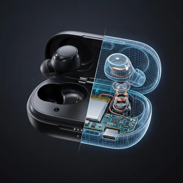 Wireless earbuds case rendered half photoreal and half wireframe showing battery and circuit board