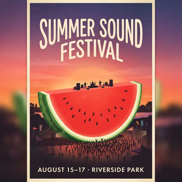Watermelon stage festival poster titled "Summer Sound Festival", August 15–17, Riverside Park