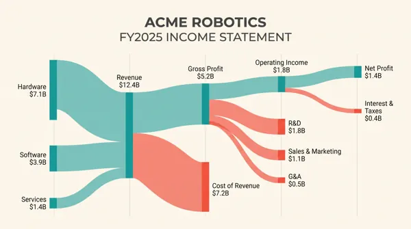 Sankey diagram of a fictional company income statement from $12.4B revenue to $1.4B net profit