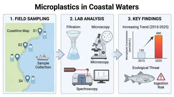 Three-panel graphical abstract on microplastics in coastal waters: sampling, lab analysis, key findings