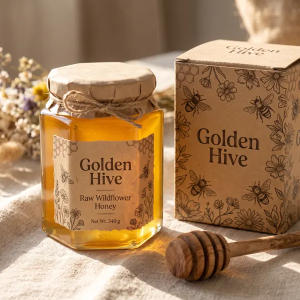 Golden Hive honey jar and kraft gift box with bee line art and "Raw Wildflower Honey" label