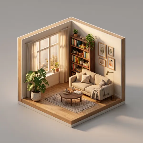 Isometric cutaway miniature living room with sofa, bookshelf, monstera and warm light