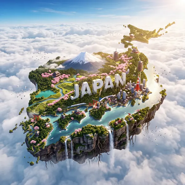 Floating miniature island shaped like Japan above the clouds with Mount Fuji and "JAPAN" in 3D letters