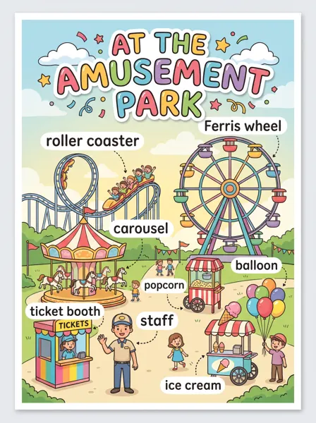 Children's vocabulary poster "At the Amusement Park" with labeled roller coaster, Ferris wheel, carousel and more