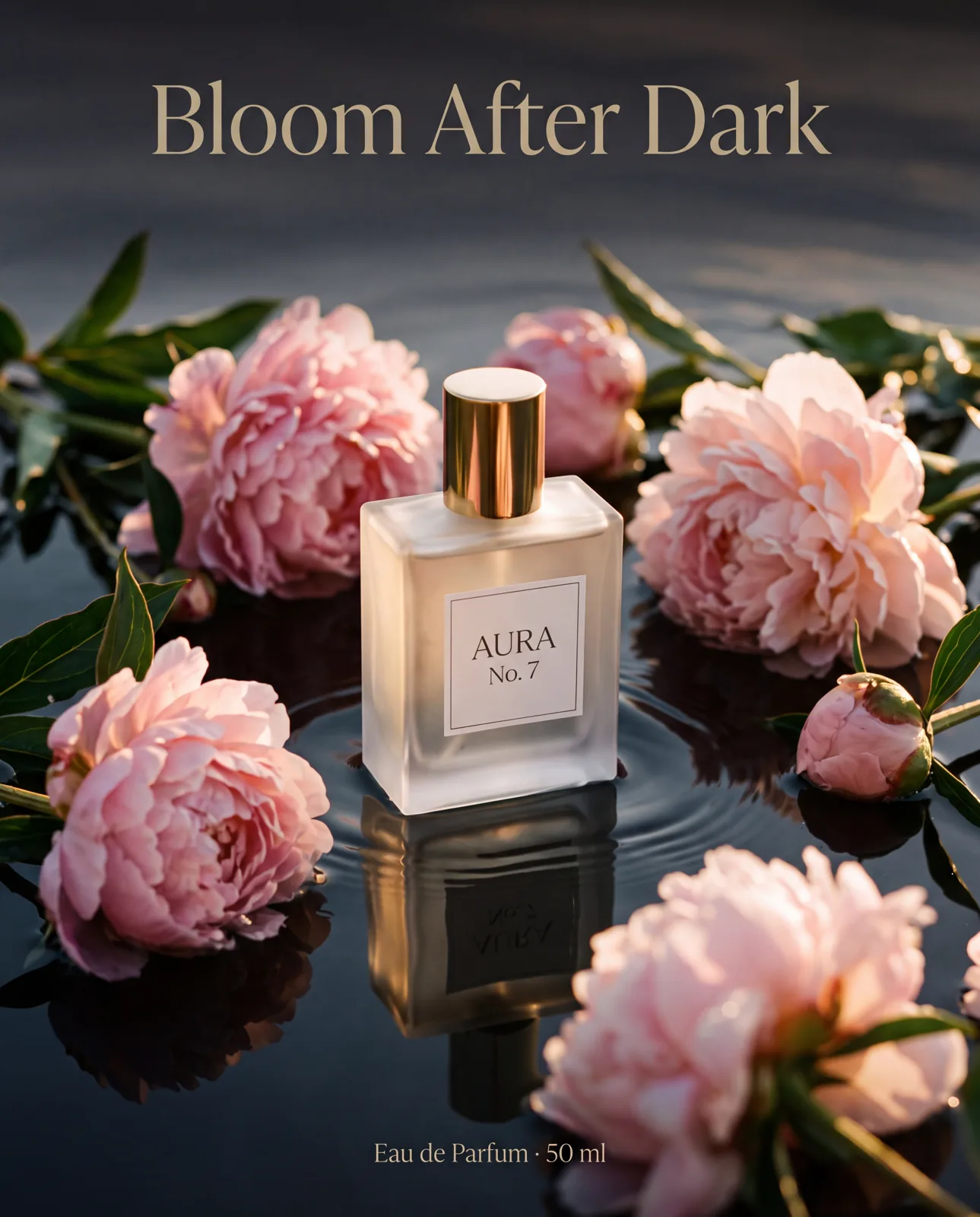 Frosted perfume bottle labeled AURA No.7 floating on dark water among pink peonies, headline "Bloom After Dark"