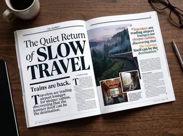 Open glossy magazine on a desk with the article "The Quiet Return of Slow Travel" and pull quotes
