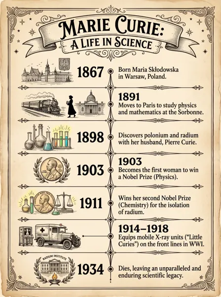 Vintage timeline infographic of Marie Curie's life from 1867 to 1934
