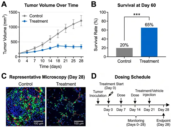 Four-panel figure with tumor volume chart, survival bar chart, microscopy and dosing schedule