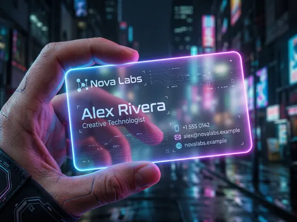Hand holding a glowing acrylic business card for Alex Rivera, Creative Technologist at Nova Labs