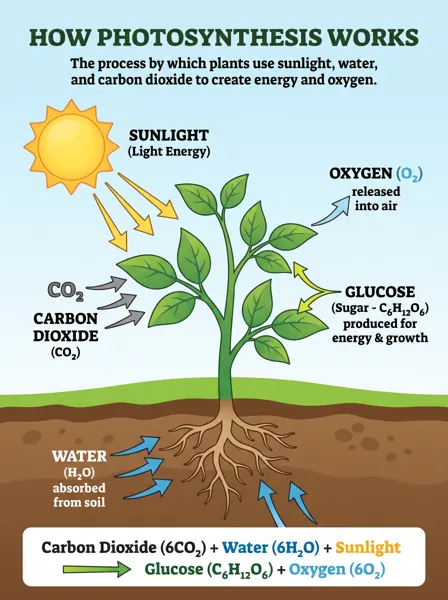 Labeled infographic of photosynthesis showing sunlight, water, carbon dioxide, oxygen and glucose