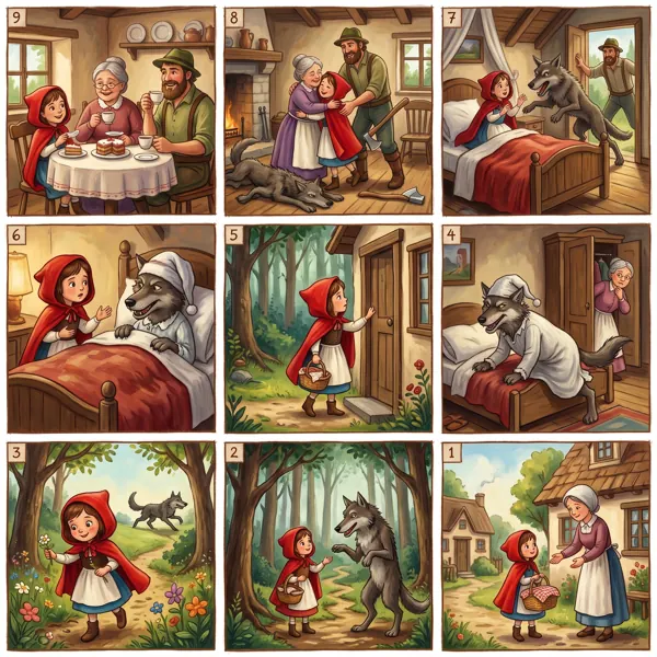 Nine-panel storybook collage of Little Red Riding Hood numbered from 9 to 1