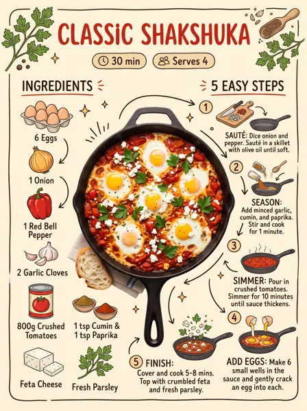 Illustrated recipe card for Classic Shakshuka with ingredients and five numbered steps