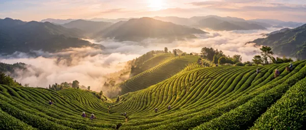 Ultra-wide panorama of misty tea terraces at sunrise with tiny tea pickers