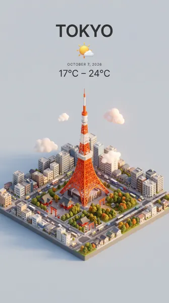 Isometric miniature of Tokyo Tower with today's date and temperature range, generated with web search