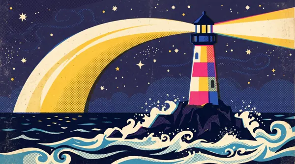 Retro halftone screen-print of a colorful lighthouse sweeping its beam over a night ocean